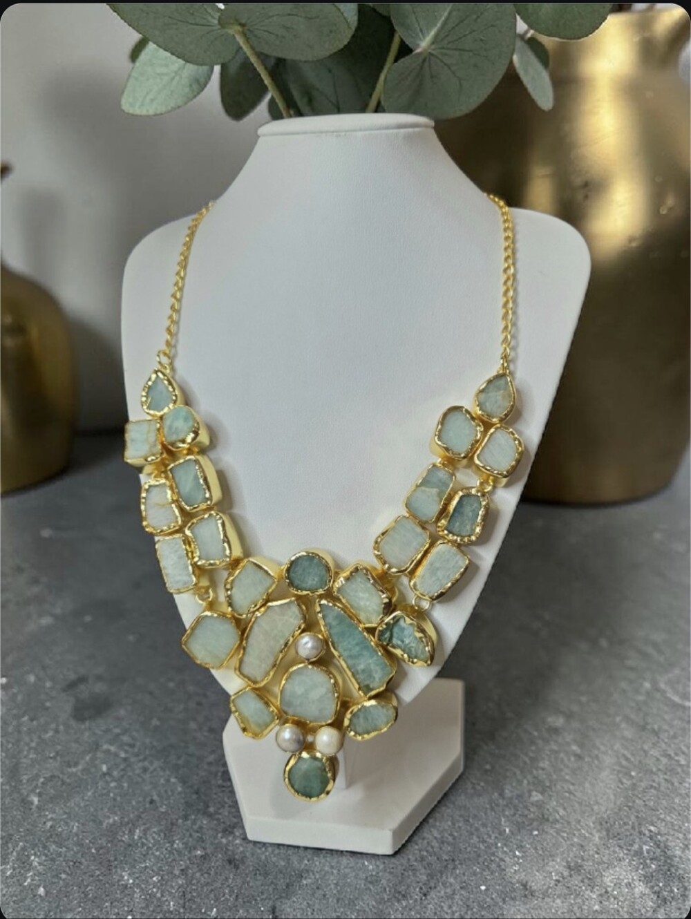 Jaw-Dropping 18k Gold Plated Artisan Amazonite Natural Stone Pearl Necklace